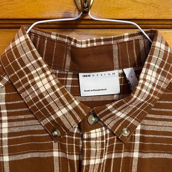 ASOS Design Brown White Plaid Cotton Long Sleeve Button Down Shirt Men’s Medium - Picture 2 of 7